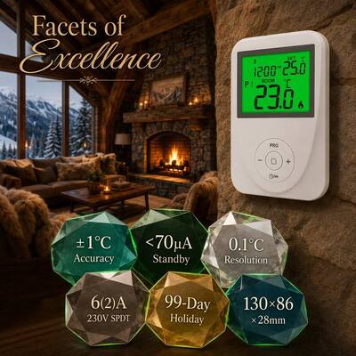 130 X 86 X 28 Mm Underfloor Heating Room 7 Day Programmable Thermostat for Underfloor Heating Systems Display Temperature Range 0°C 40°C in 0.1°C Increments