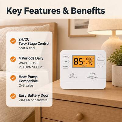 Riseem Programmable 2 Heat 2 Cool Thermostat Temperature Controller Compatibility Works With Most Heating And Cooling Systems
