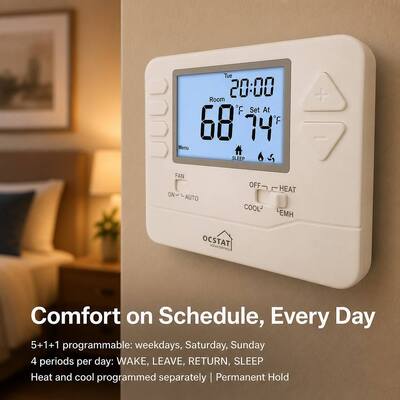 Large LCD Display 7 Day Programmable Heat Pump Thermostat Constructed with Anti Flammable ABS PC Shell for Temperature Controlling