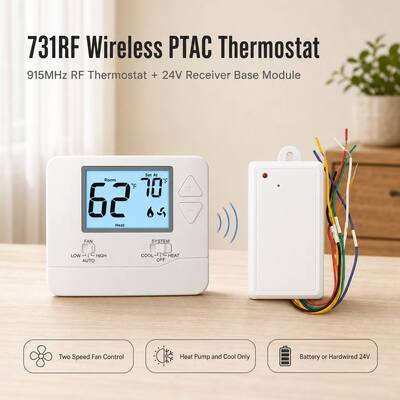 STN731RF LCD Display PTAC Wireless 915MHZ Non-programmable Thermostat 2H 1C Heat Pump without Auxiliary or Emergency Heat for HVAC Systems
