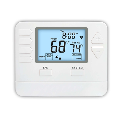 Thermostat CVC en mode de contrôle précis pour le chauffage et le refroidissement. Précision d'affichage ±1℉ en dessous de 68℉. Alimentation 24VAC ou batterie