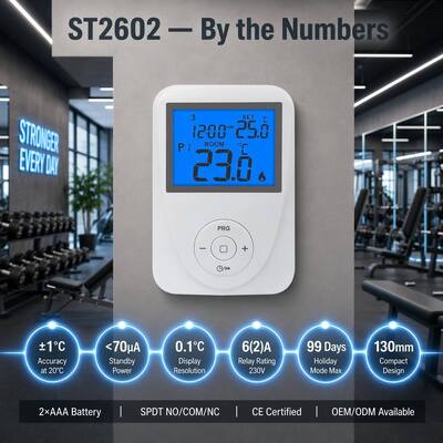 Précision de la mesure de la température ±1°C à 20°C Thermostat programmable pour plancher chauffant avec affichage Plage de température 0°C à 40°C par incréments de 0,1°C et courant de veille Courant d'éclairage ≤ 7mA
