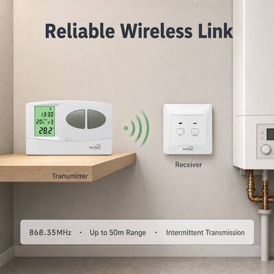 Thermostat d'ambiance sans fil pour chaudière, mode CHAUFFAGE, 7 jours, compatible avec les chaudières, avec récepteur 230VAC 50HZ, assurant un contrôle précis du chauffage sans fil.