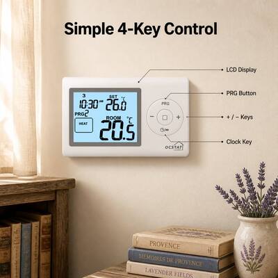 Courant de veille Courant d'éclairage inférieur à 7mA Chambre de chaudière 7 jours Thermostat avec précision d'affichage plus moins 05 degrés Celsius et programmabilité 5 2 jours 24 heures