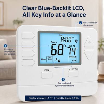 Riseem climatiseur intelligent wifi numérique programmable Alexa thermostat de maison HVAC STN705W 24V ABS blanc