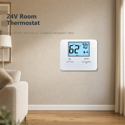 Dimensions physiques 4,72 L x 3,85 H x 1,06 P, fonctionnant sur 24 V ou piles, thermostat LCD non programmable pour systèmes de chauffage et de refroidissement conventionnels à 1 étage de chauffage et 1 étage de refroidissement