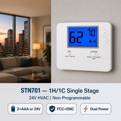 Thermostat de climatisation électronique 24V style américain, taille d'affichage 3,84 pouces carrés, réglable, mono-étage, 1 chauffage, 1 refroidissement, non programmable