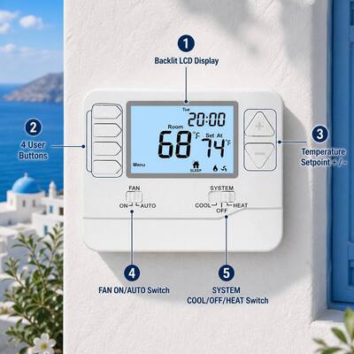 Thermostat Câblé de Contrôleur de Température CVC avec Grand Écran LCD 24V, 7 Jours, 2 Chauffages, 2 Refroidissements, Alimentation par Batterie