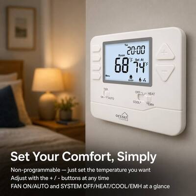 Thermostat à pompe à chaleur de style américain pour hôtels et appartements, non programmable, économe en énergie, 24 V, 2 chauffages, 1 refroidissement, filaire, pour applications commerciales