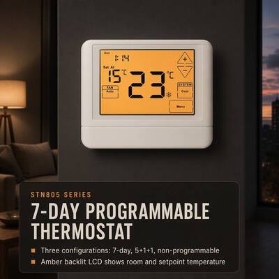 Grand écran LCD, protection contre les délais du compresseur 5 minutes, 1 chauffage, 1 refroidissement, filaire, thermostat CVC 7 jours pour hôtel, maison, appartement