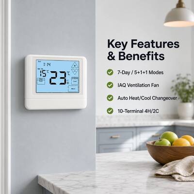 24V or Battery-operated Heat Pump 7 Day 2 Heat 2 Cool Touch Screen LCD Thermostat for Hotel and Apartment HVAC System
