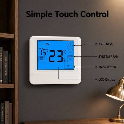Pompes à chaleur tactiles LCD câblées 24V Thermostat programmable 4H/2C Pompes à chaleur avec ou sans chauffage auxiliaire ou d'urgence