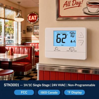 Conventional 24V Single Stage Non Programmable 1 Heat 1 Cool Thermostat Temperature Ranges 32°F to 99°F Designed for Easy and Consistent Temperature Management